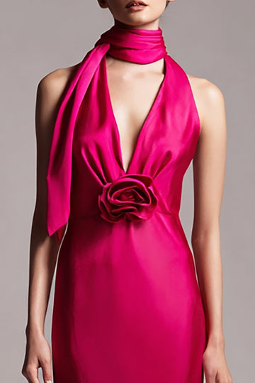 Fuchsia Sheath Satin Halter Floral Midi Formal Dress